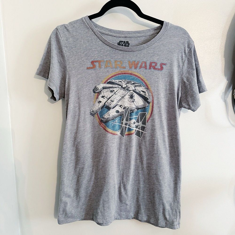 Star Wars Women's Millennium‎ Falcon T-Shirt Gray Short Sleeve Crew Neck Tee